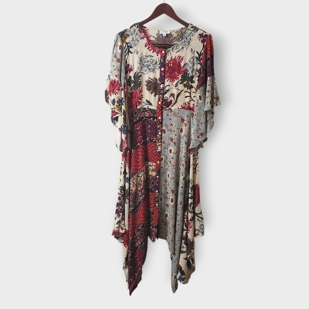 Umgee Boho Patchwork Floral Asymmetric Button Button Up Dress Small Bell Sleeve